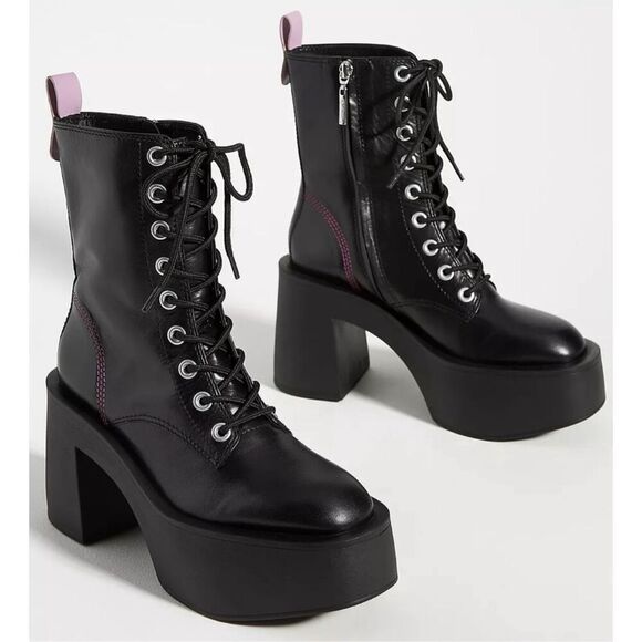 Larroude Olivia Leather Platform Combat Boots Size 10‎ Black Zip Up Block Heel - Picture 1 of 15